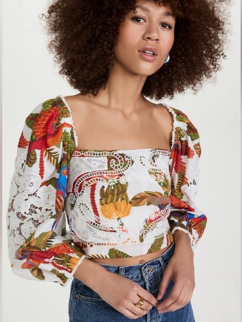 Farm Rio Tropical Print Smocked Puff Sleeve Blouse Sz S Lace Embroidery NWOT